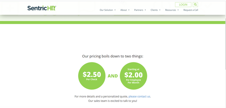 SentricHR pricing page showing price per employee and per check.