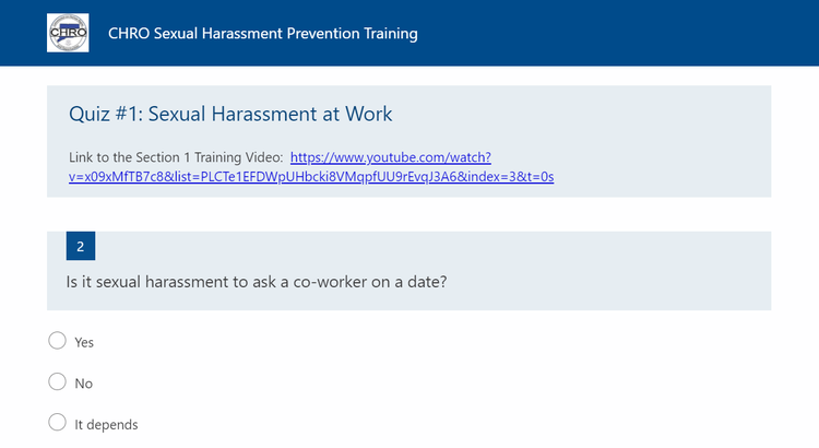 A quiz from Connecticut's online sexual harassment training.