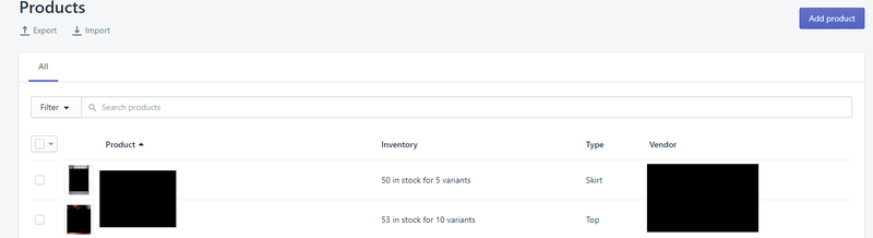 Shopify product screen showing listing product information such as image, product name, inventory, type, and vendor.