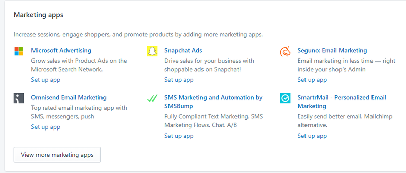 Some of Shopify's marketing integrations including Microsoft Advertising, Snapchat Ads, Omnisend Email Marketing, etc.