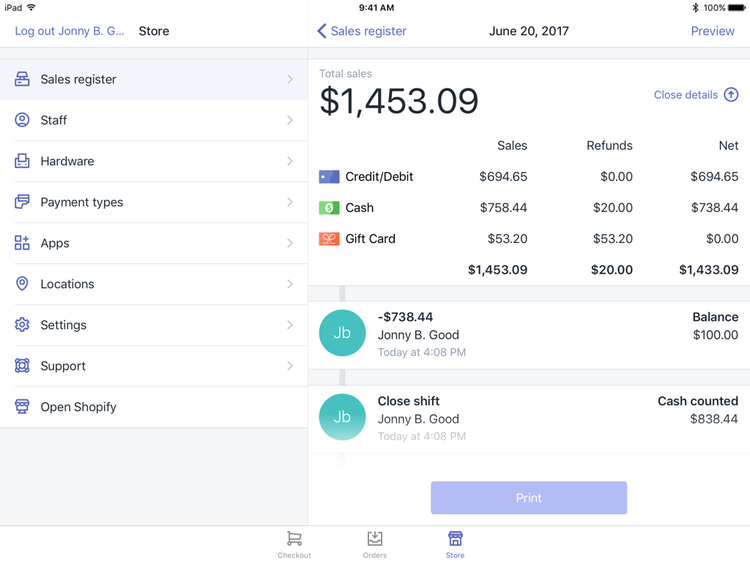 Shopify POS employee register and sales report for a single shift.