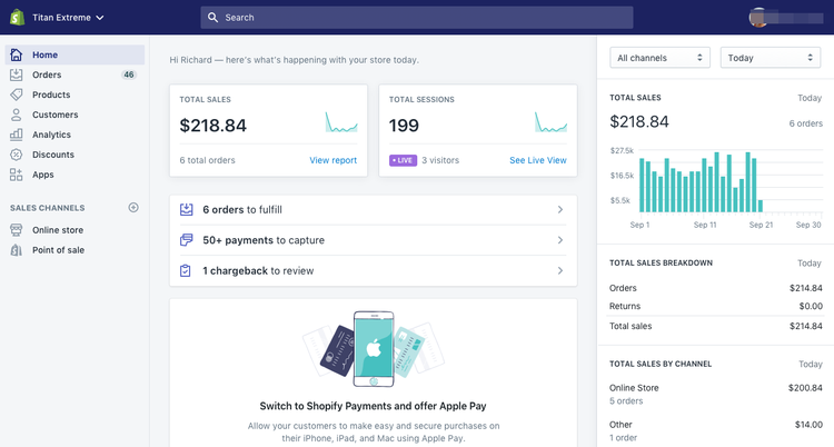 The Shopify POS sales dashboard includes information such as total sales, sales by channel, fees incurred, orders to fill, and gross and net revenue.