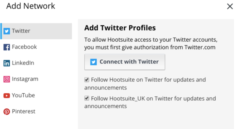 The image shows several social networks you can connect to your Hootsuite account.
