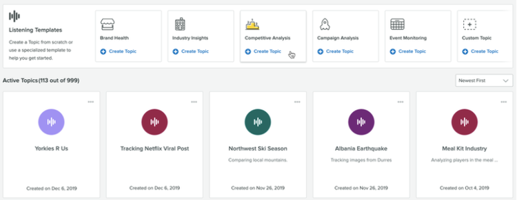An image of Sprout Social’s listening templates, such as brand health, industry insights, competitive analysis, and a library of active topics.