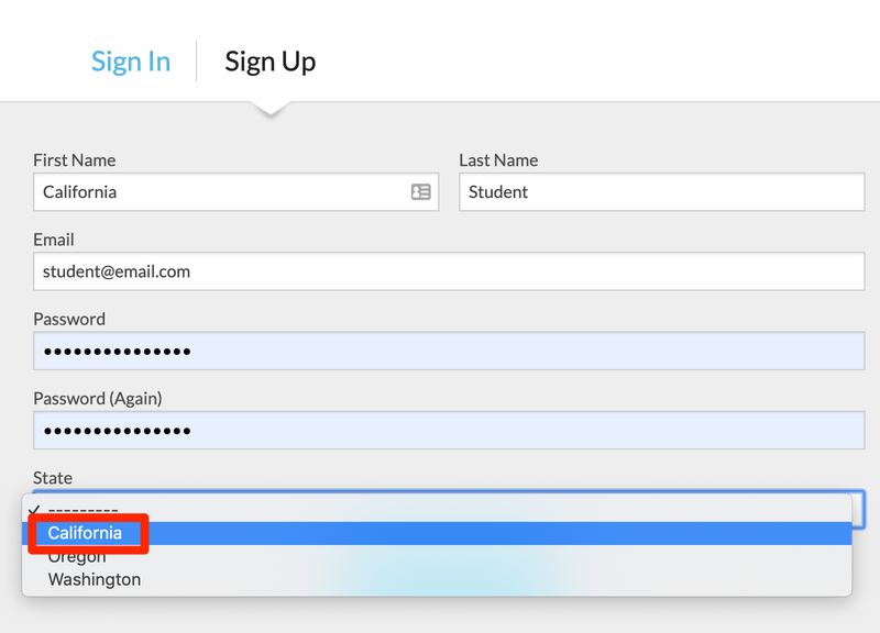 A dropdown for choosing a learner's state of residence.