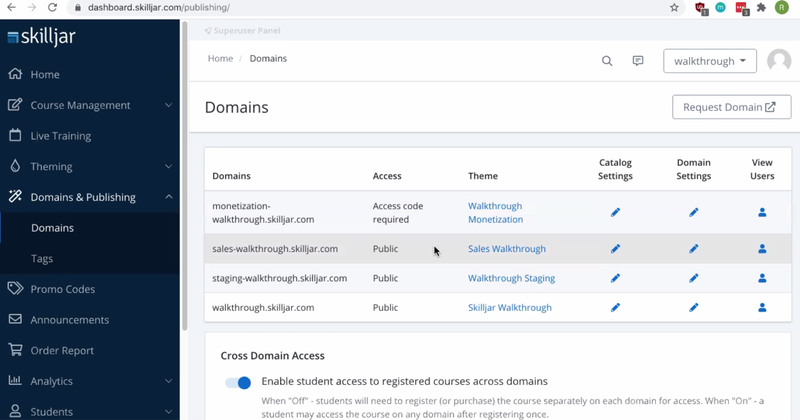 Domain manager tools in Skilljar.