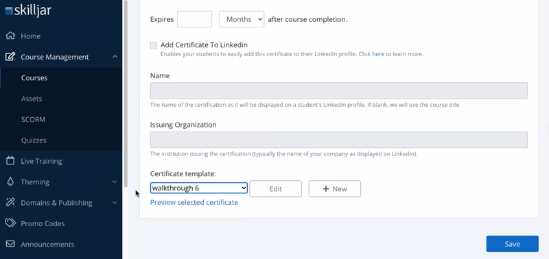 Skilljar's certification settings.