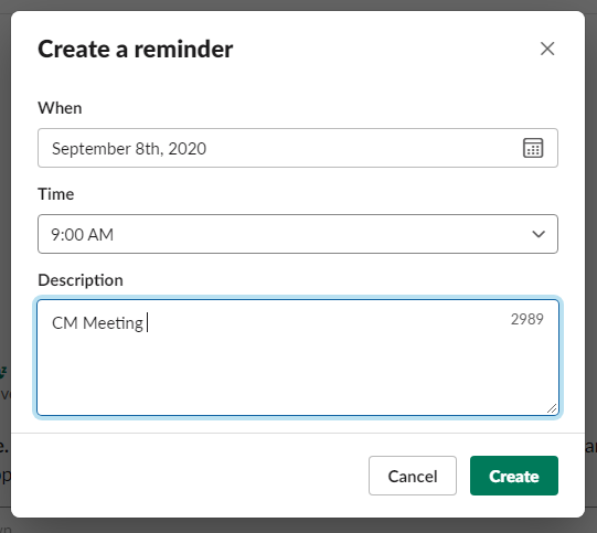 A box entitled “Create a reminder” lets the user enter the date, time, and a short description of the reminder.