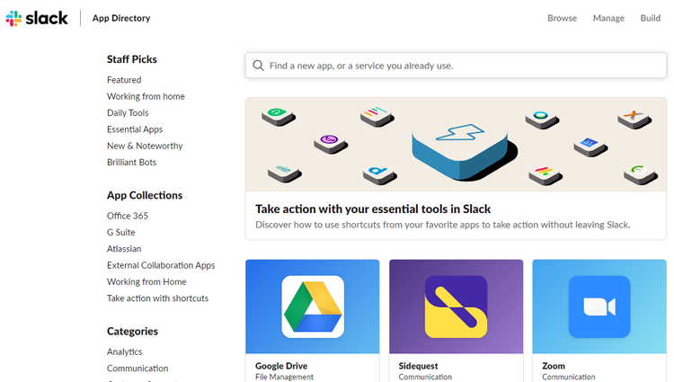 A screenshot of the Slack app directory page showing some of the third-party apps users can integrate with Slack out of the box.
