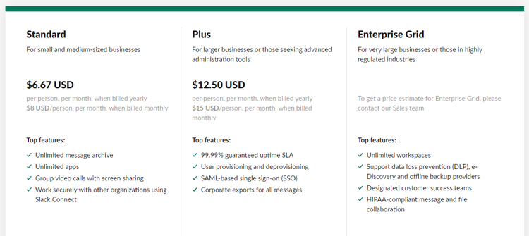 A comparison of the different paid subscriptions Slack offers.