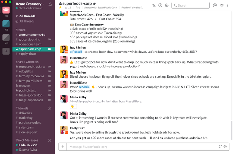 Slack's dashboard with superfoods-corp channel selected displaying conversation within channel
