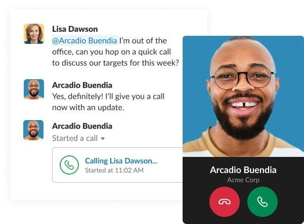 Employee starting a phone call with Slack's voice call box screen open