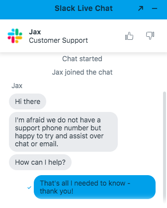 Slack's live chat assistant box with example of chat conversation