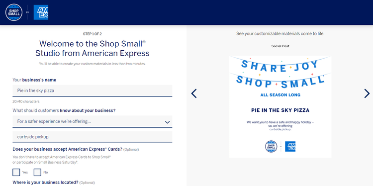 A screenshot of American Express's Shop Small studio for creating marketing materials.
