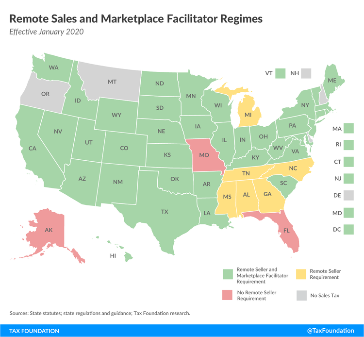 Map of remote sales and marketplace facilitator laws nationwide from the Tax Foundation.