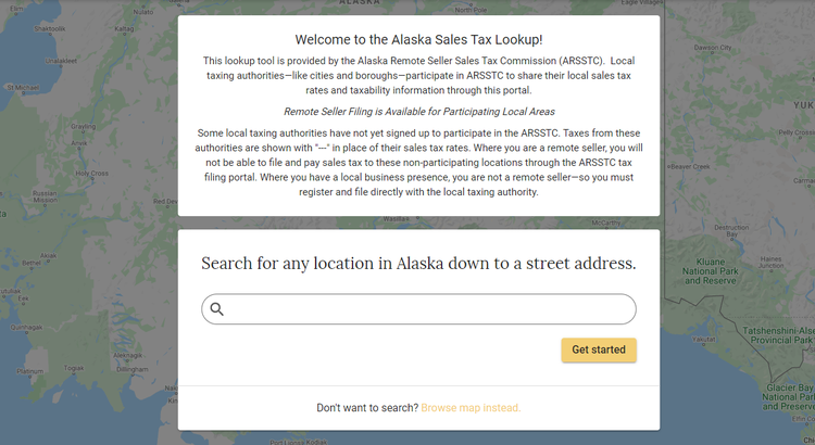 Screenshot of Alaska’s sales tax lookup tool.