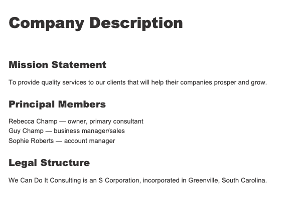 An example of a business plan’s company description.
