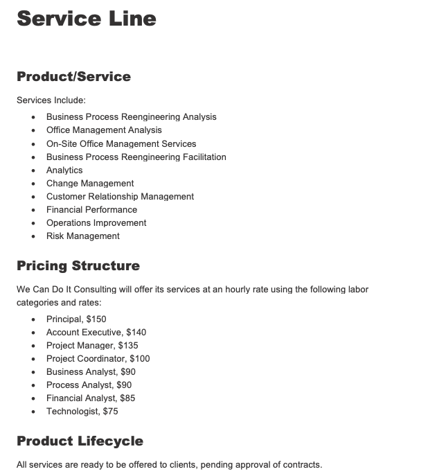 business plan service or product line