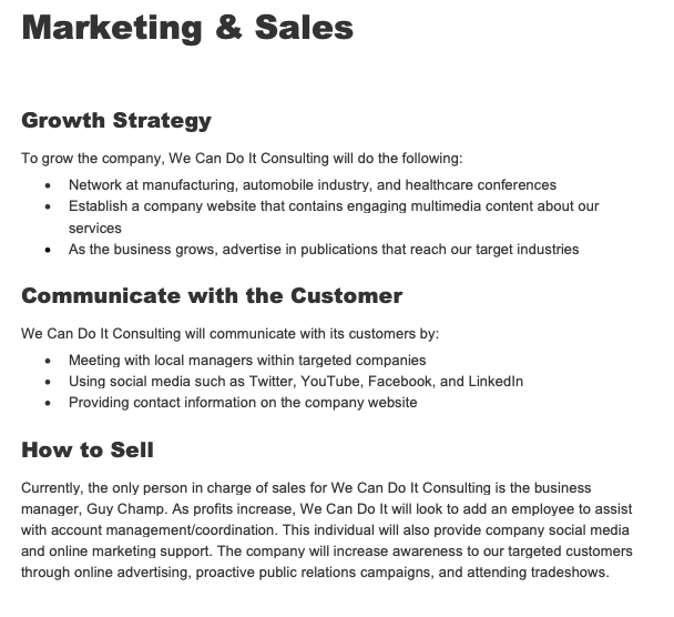 The sales and marketing section of a business plan.