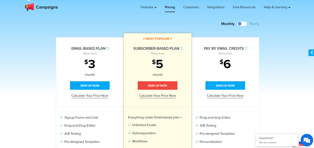 Zoho Campaigns pricing screen showing three different pricing tiers.