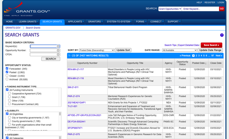 Image of search page from Grants.gov.