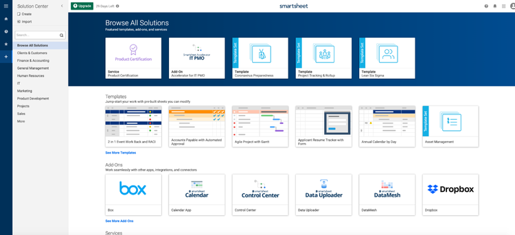 A screenshot of  Smarsheet&#x27;s project templates and integrations