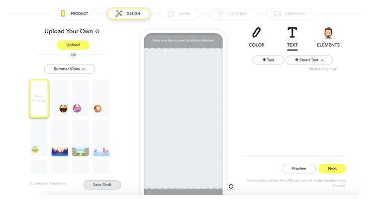 Snapchat’s Create Your Own tool for Filter design.