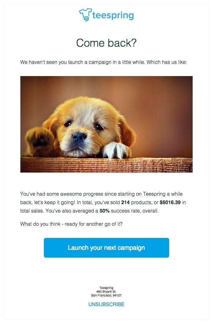 The image shows a re-engagement email from Teespring.