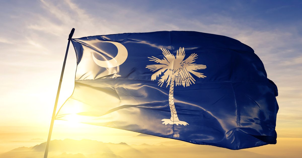 The state flag of South Carolina flying in front of a sunny sky.