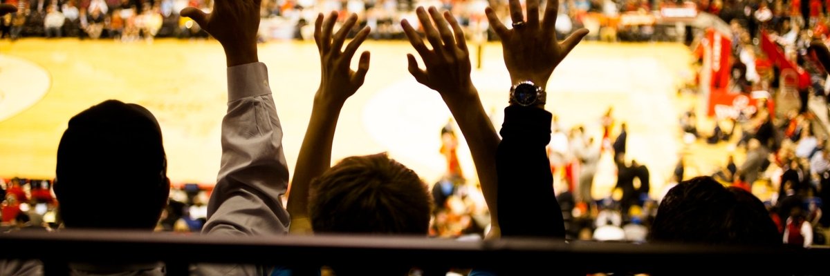 Spectators inside a basketball arena.