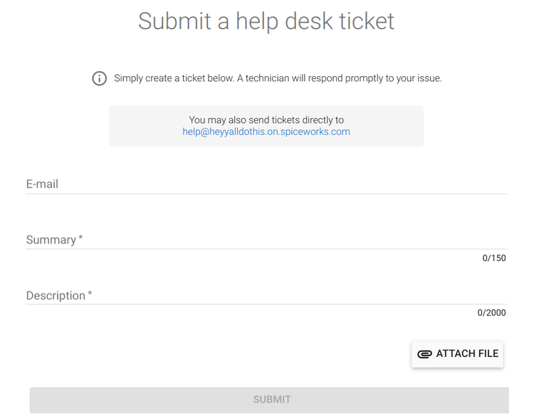 The help desk ticket submission form contains three fields: user email, issue summary, and expanded description and can also include attachments.