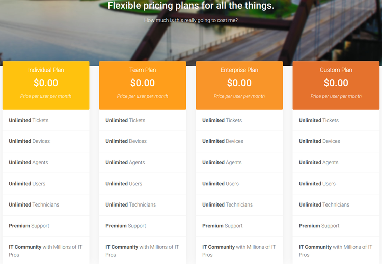 The Spiceworks pricing chart has four plans -- personal, team, enterprise, and custom -- all of which are completely free.