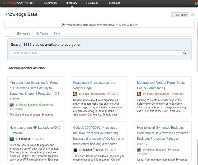 Search all articles in the Spiceworks knowledge base, those by your team, or your own personal ones and also see recently recommended articles.