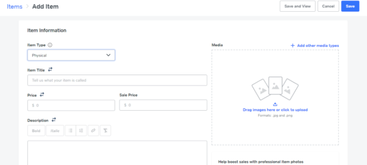 A screenshot of the product creation page in Square Online Store software.