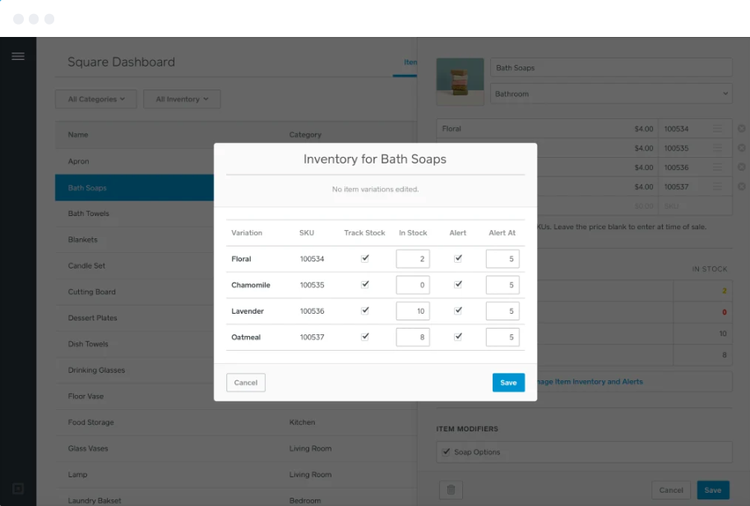 A screenshot of Square Pos&#x27; inventory management features.