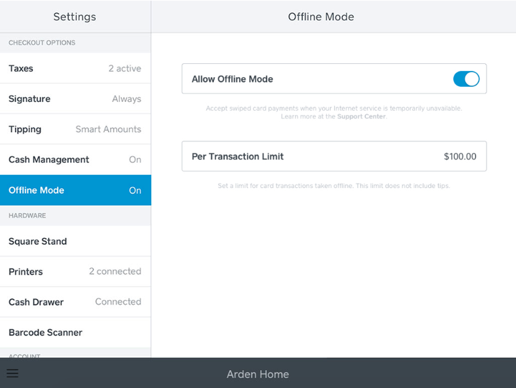 A screenshot of Square POS&#x27; offline mode for accepting credit cards swiped payments without internet.