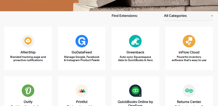 Squarespace image of add-on offerings including QuickBooks Online, AfterShip, Returns Center, and more.