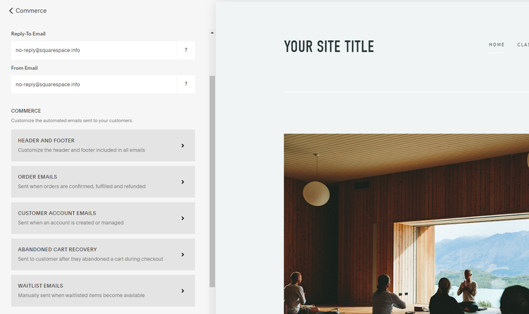 Squarespace Commerce configuration options with fields for updating commercial email information.