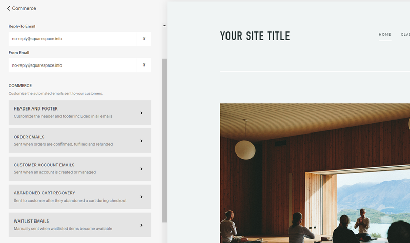 Squarespace commerce setup options with fields to update information for commerce emails.