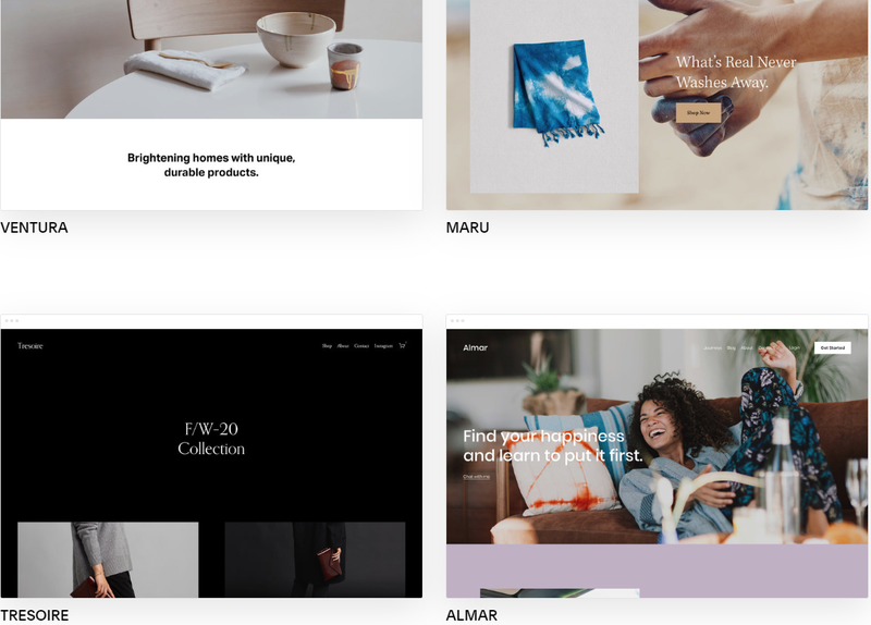 Squarespace Commerce theme page showing previews of different themes.