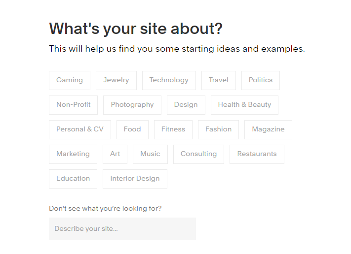 Squarespace Commerce onboarding question "What's your site about?" with industry options to select.