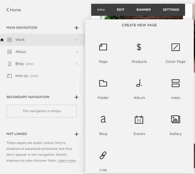 Squarespace option to add a page with a widget to select page type, such as products, cover page, blog, etc.