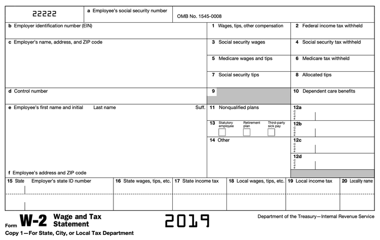 A copy of a 2019 W-2 form.