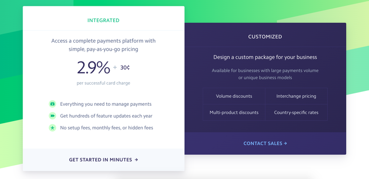 Screenshot of Stripe Payments' standard fees for processing credit card transactions.