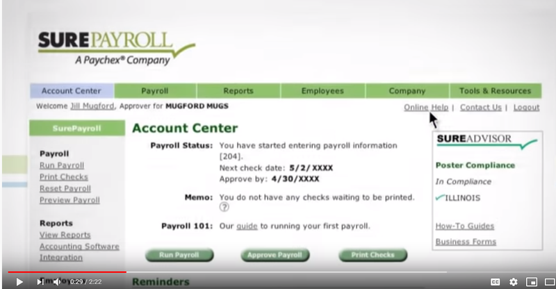 SurePayroll dashboard with payroll status, next check date, memos, and link to a help desk.