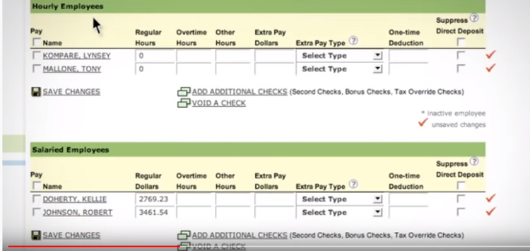 Sure Payroll entry screen with sections for hours, overtime, and extra pay.