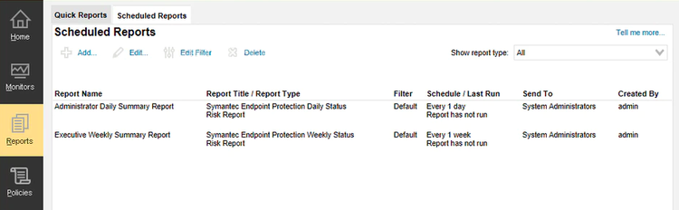 The Symantec reporting portal includes a separate tab for scheduled reports.