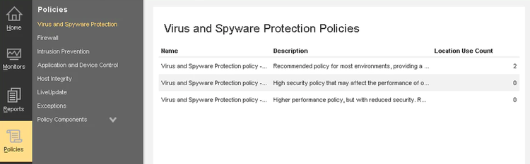 The Policies screen provides several options to set and manage security policies.