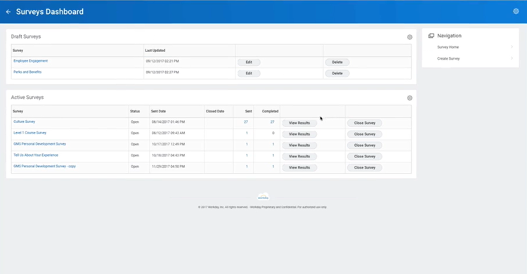 Workday screen showing a survey dashboard separating draft and completed surveys.