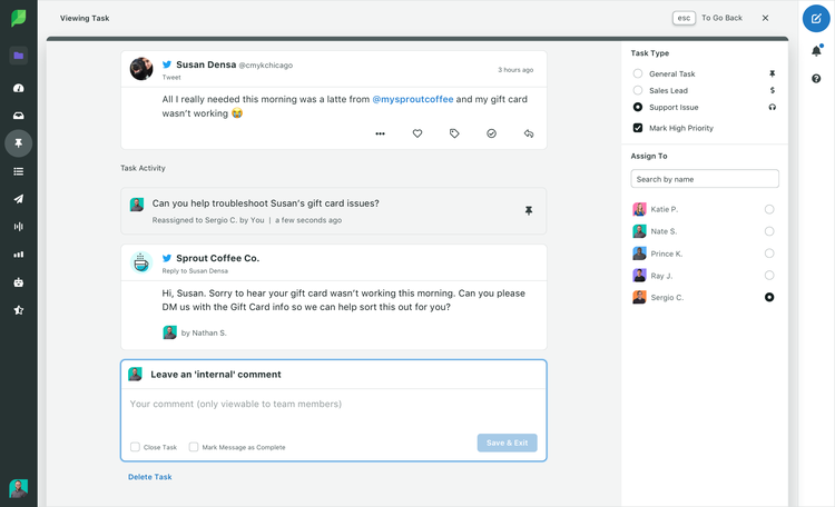 Sprout Social&#x27;s tasking tool for team collaboration.